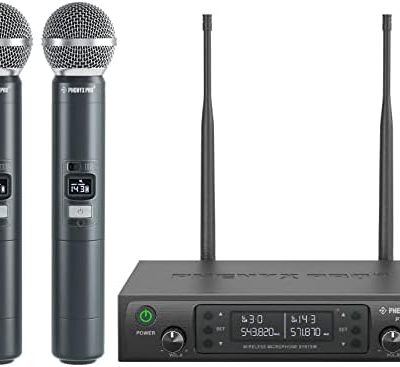 Wireless Microphone System, Phenyx Pro Dual Wireless Mics, w/ 2 Handheld Dynamic Microphones, 2x100 Adjustable UHF Channels, Auto Scan, 328ft Range, Microphone for Singing, Karaoke, Church (PTU-71-2H)